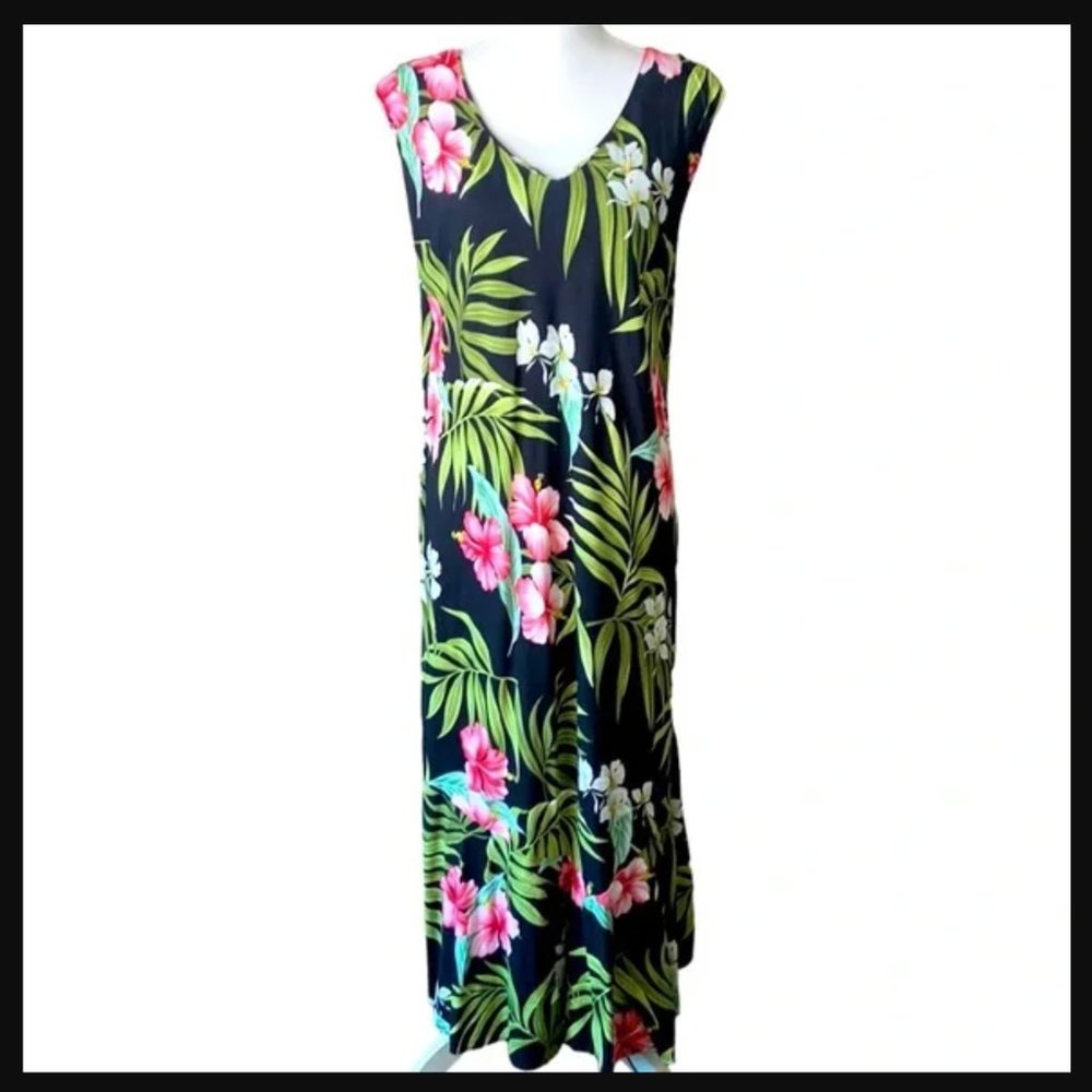 Puanani Blk w. Pink Hibiscus Tropical Print Hawaiian V-Neck Midi Dress wmns 2XL